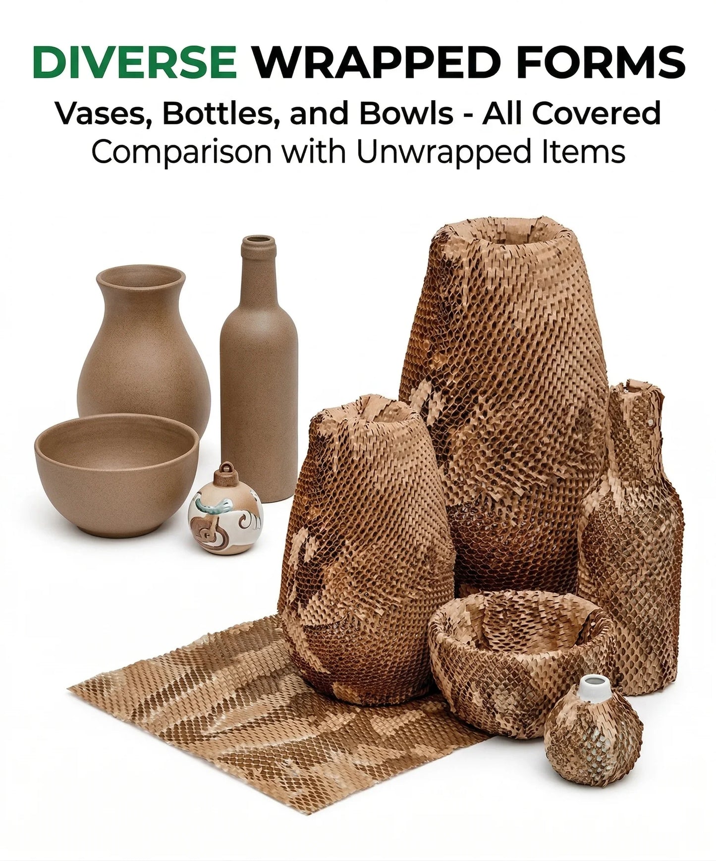 Vases, bottles, and bowls shown wrapped in protective kraft paper mesh beside unwrapped items.