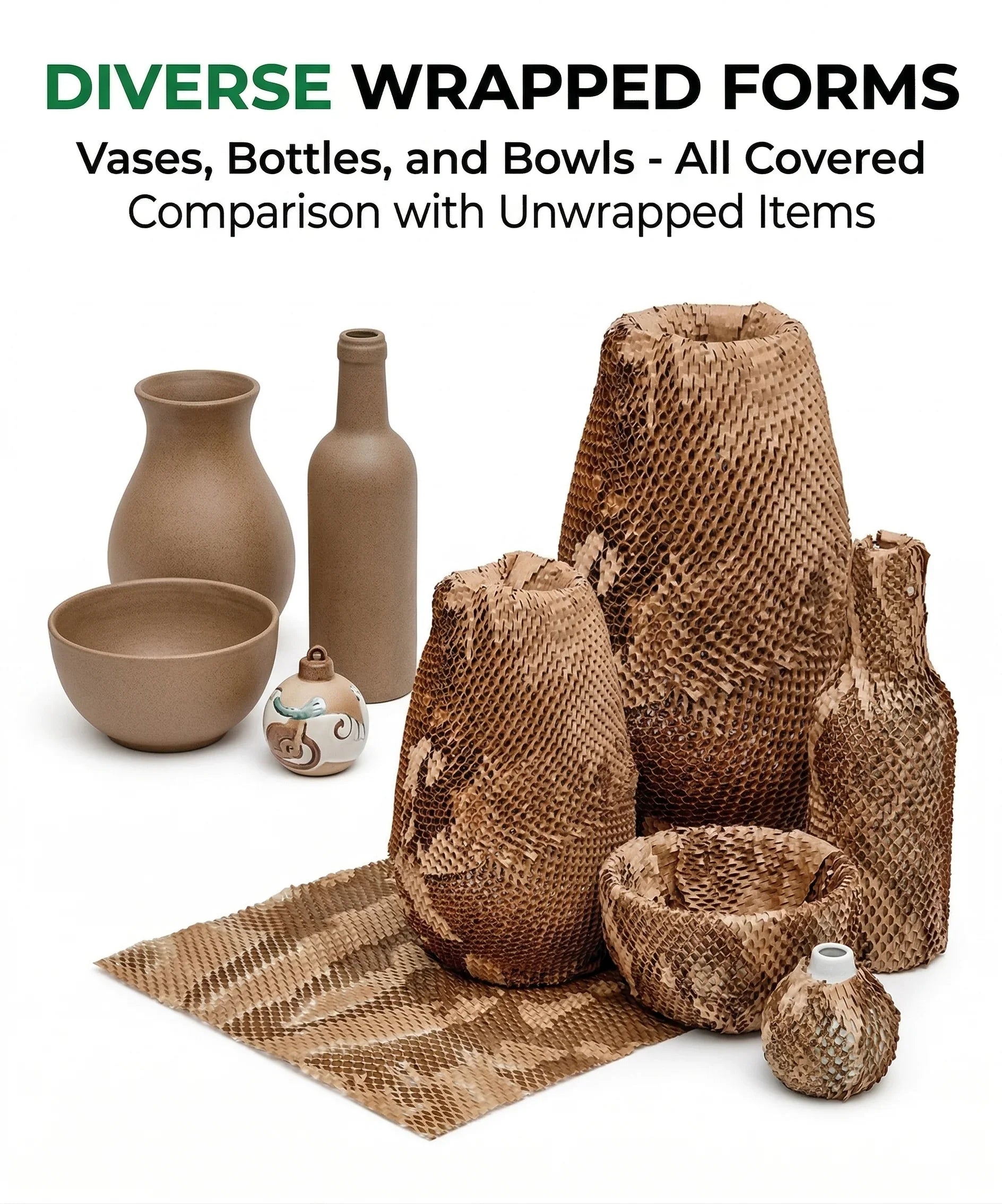 Vases, bottles, and bowls shown wrapped in protective kraft paper mesh beside unwrapped items.